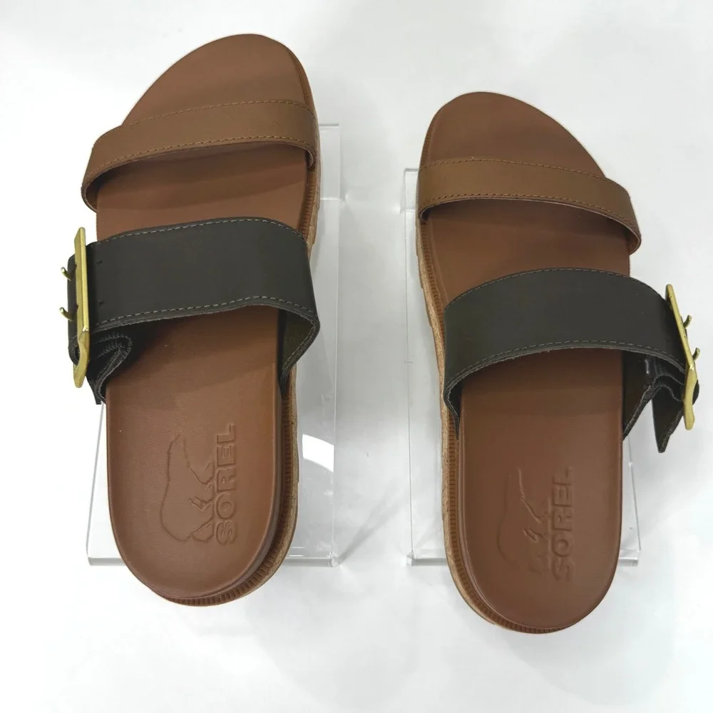 SOREL Roaming Buckle Slide Sandals Women 7.5 Velvet Tan Black Leather Minimalist